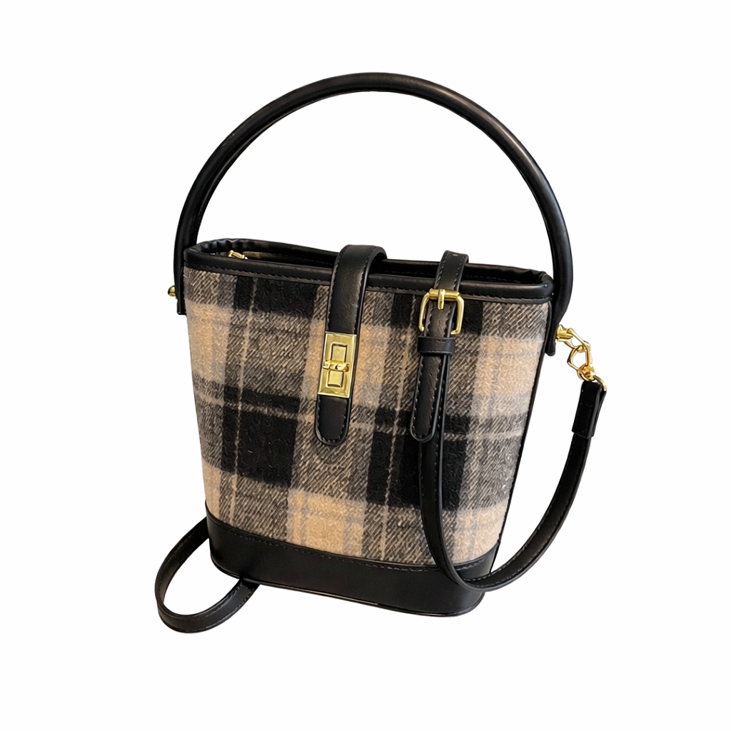 Vintage Suede Plaid Tote Bucket Bag